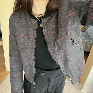 Dark Gray Denim Bomber Jacket with Red Accents
